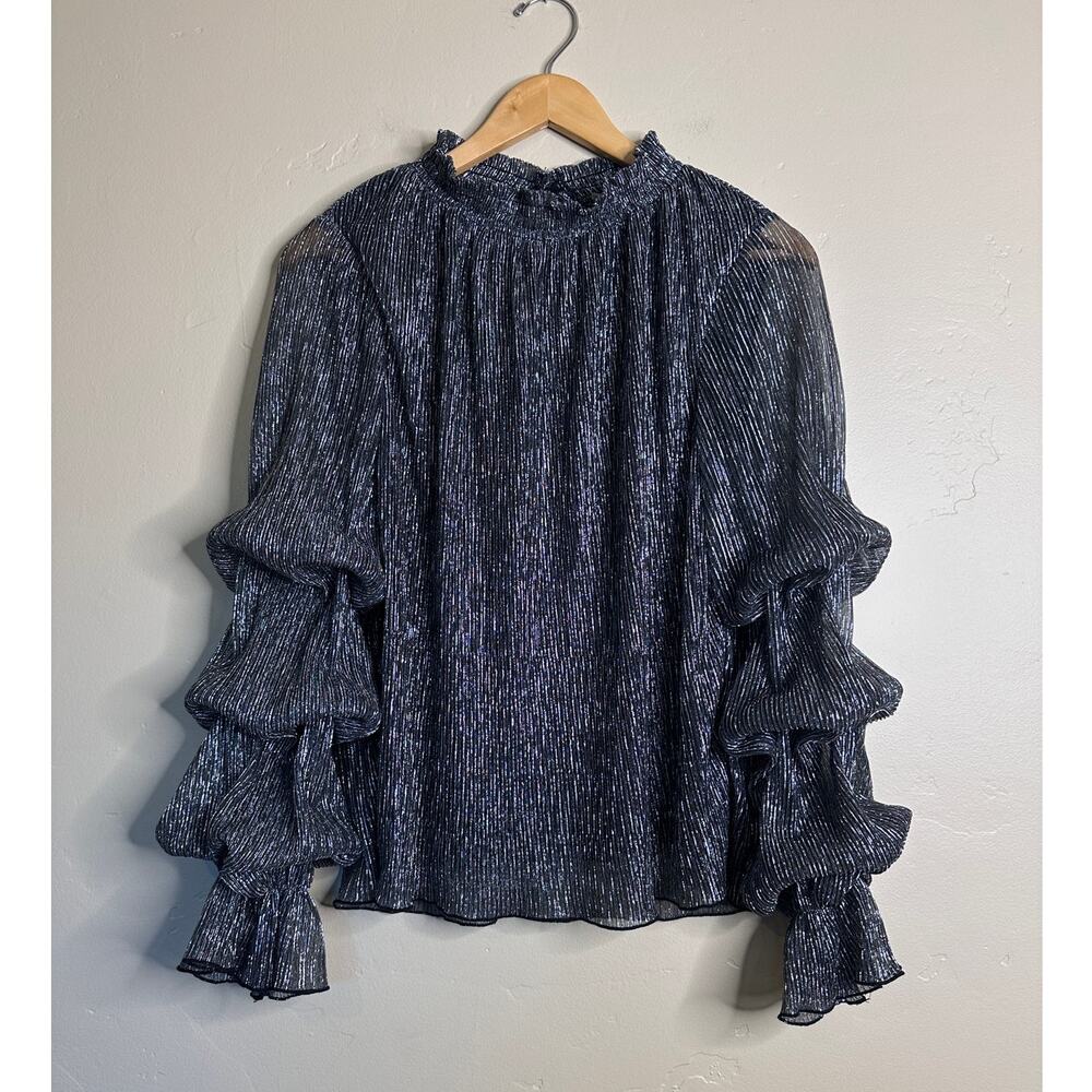 GLAM Long Sleeve Tiered Silver & Black Shimmer Blouse SMALL